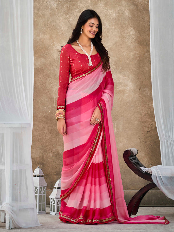 Pink Pure Chiffon Saree