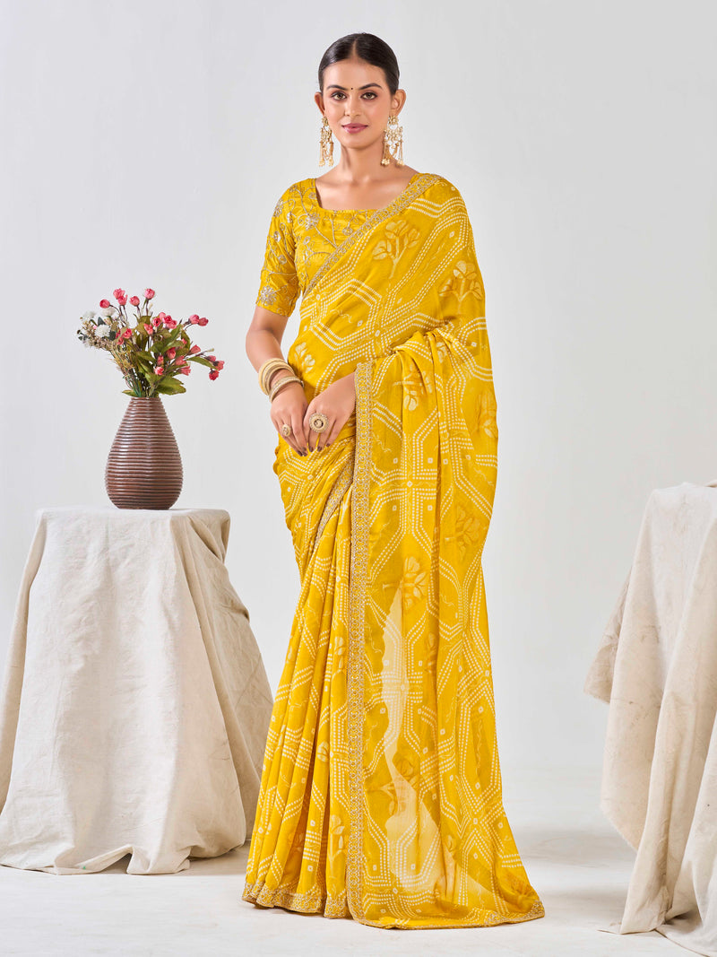 Golden Sun Bandhani Chiffon Saree