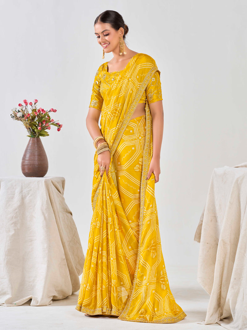 Golden Sun Bandhani Chiffon Saree