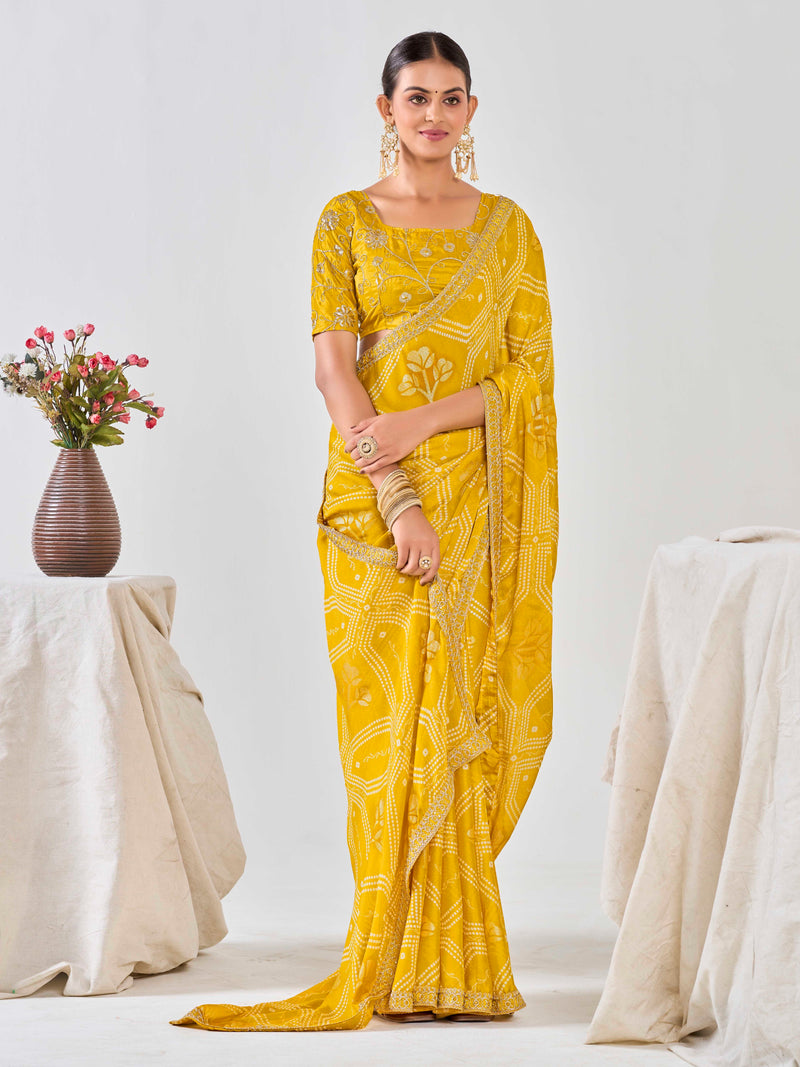 Golden Sun Bandhani Chiffon Saree