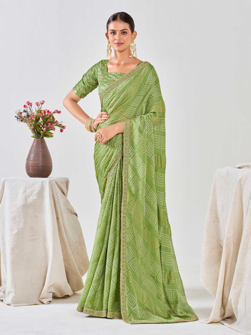 Olive Green Pure Chiffon Saree