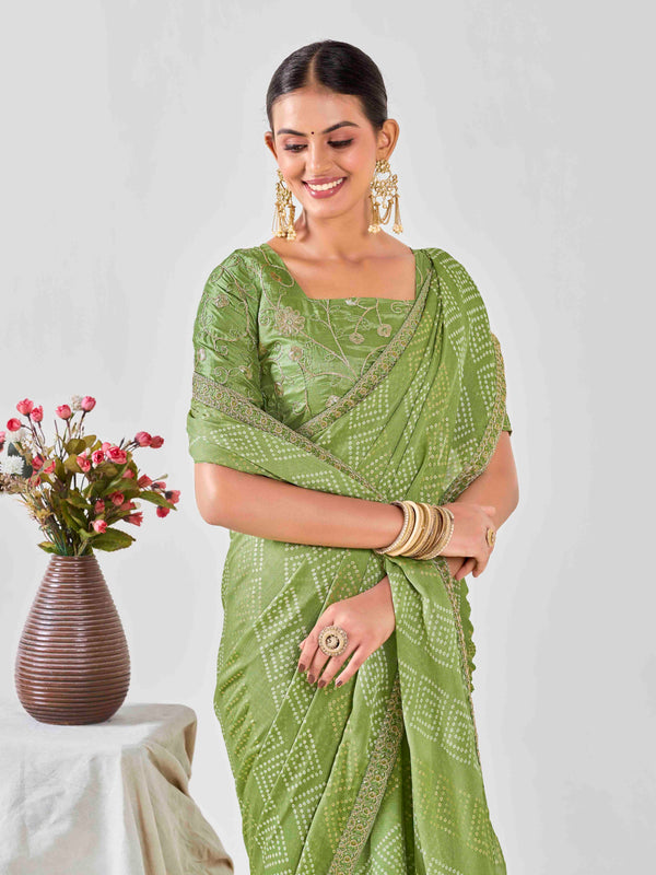 Olive Green Pure Chiffon Saree