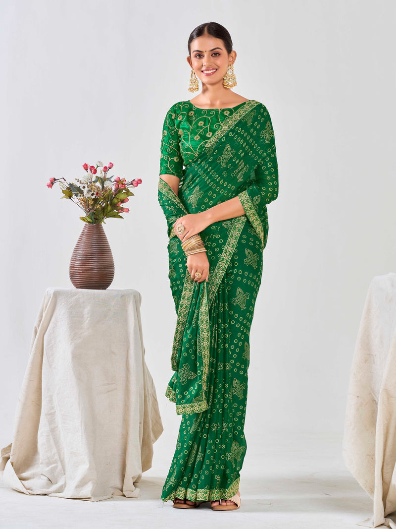 Green Bandhani Pure Chiffon Saree