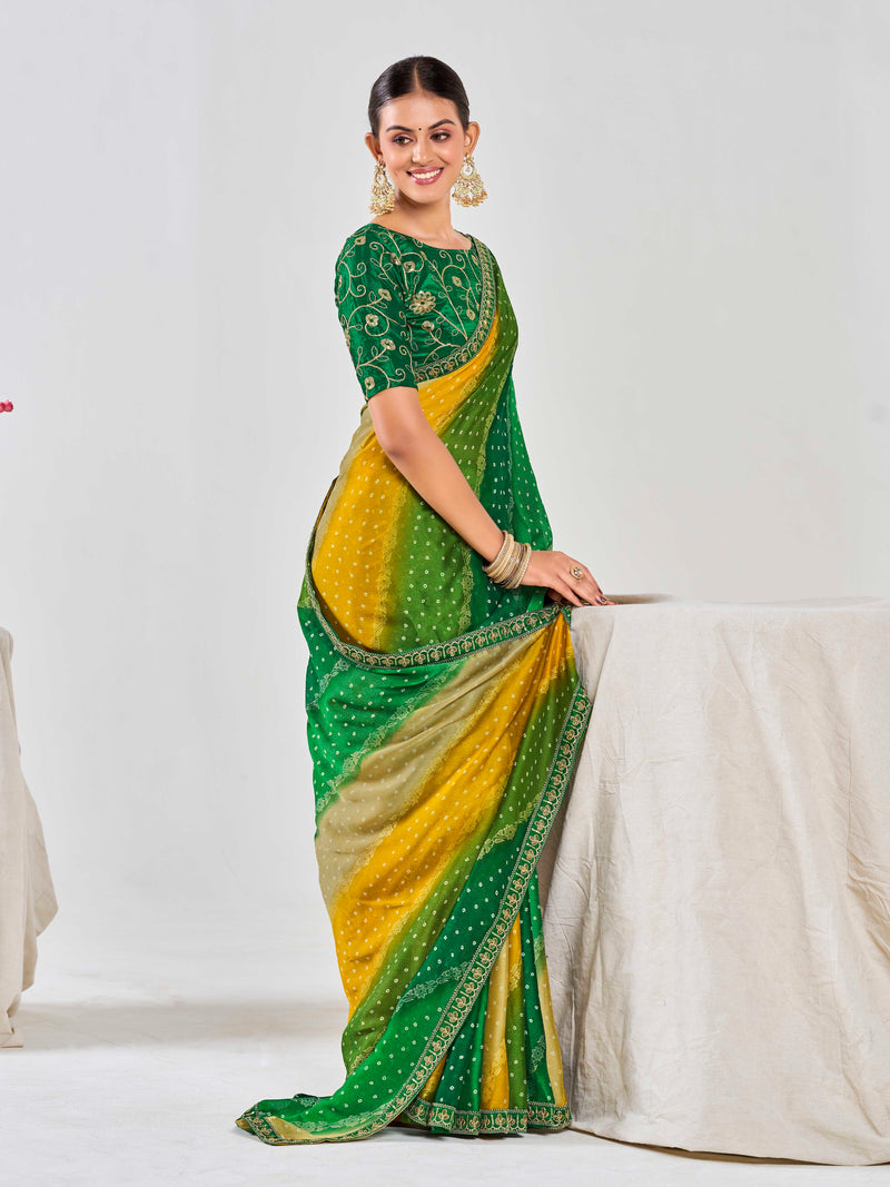 Green Contrast Pure Chiffon Saree