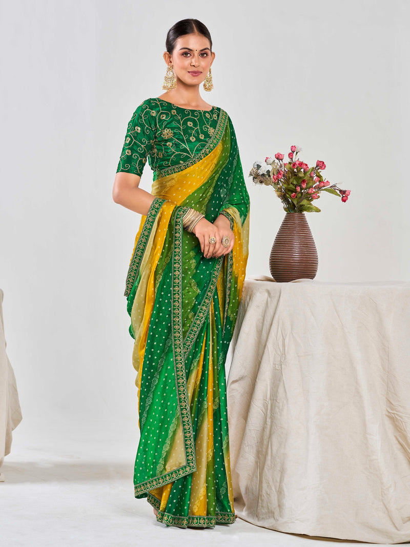 Green Contrast Pure Chiffon Saree