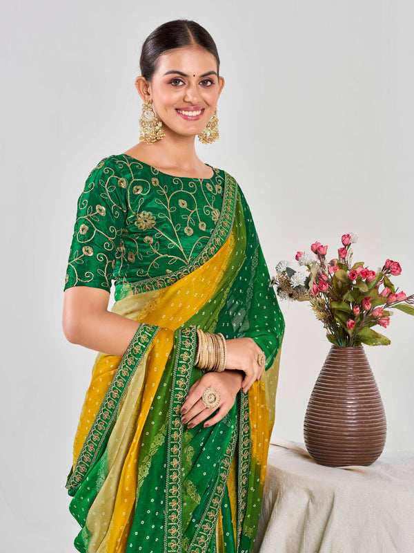 Green Contrast Pure Chiffon Saree