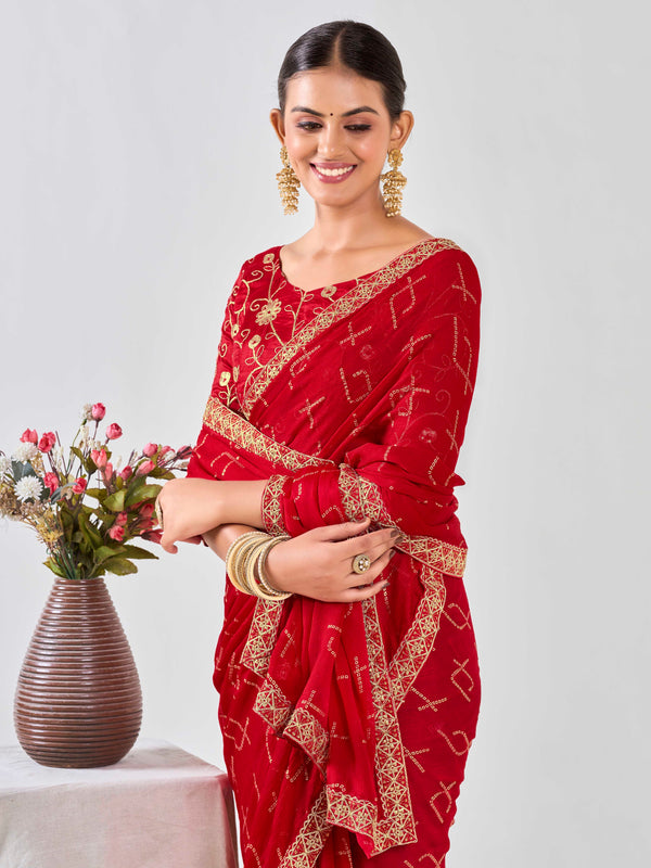 Red Bandhani Pure Chiffon Saree