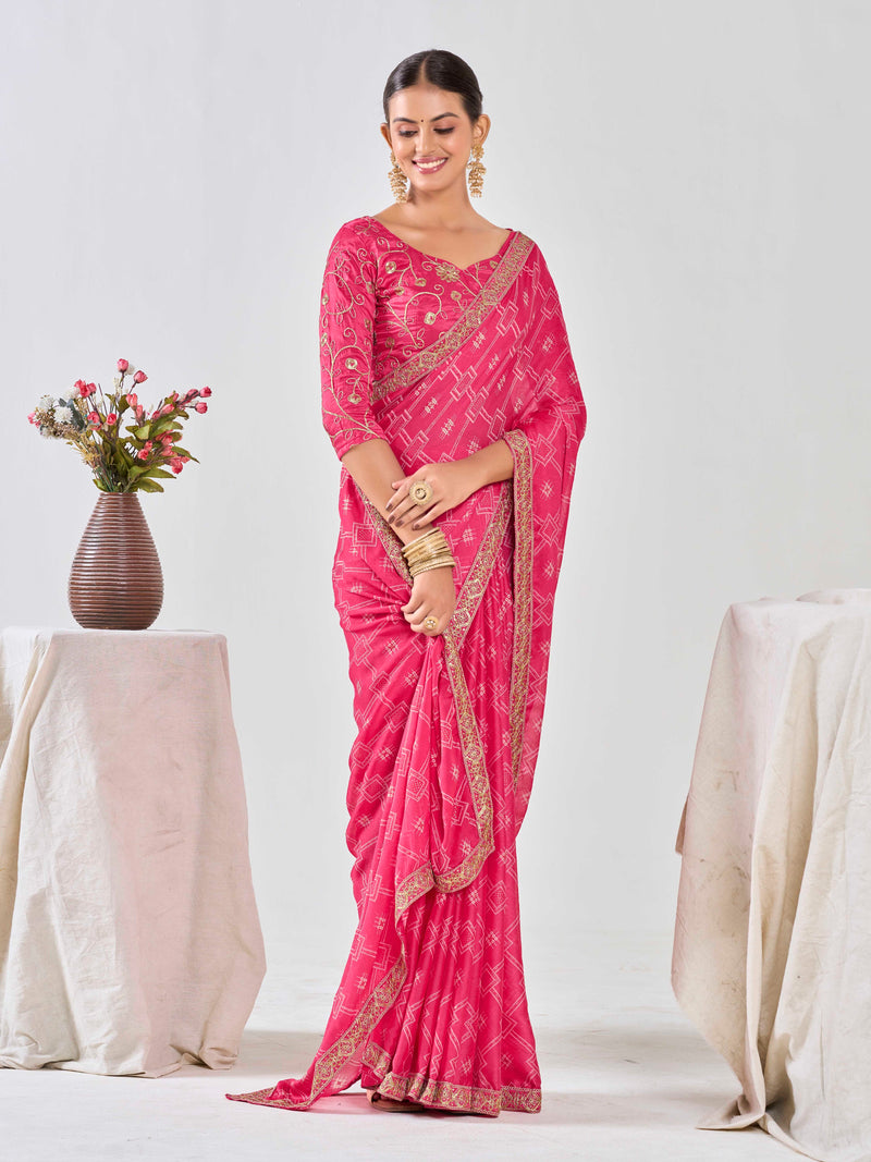 Pink Bandhani Pure Chiffon Saree