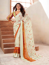 White Block Printed Border Silk Saree