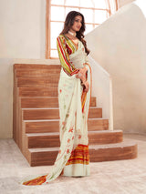 White Block Printed Border Silk Saree