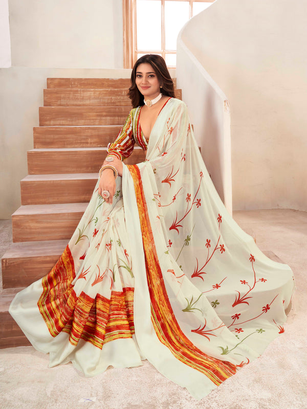 White Block Printed Border Silk Saree