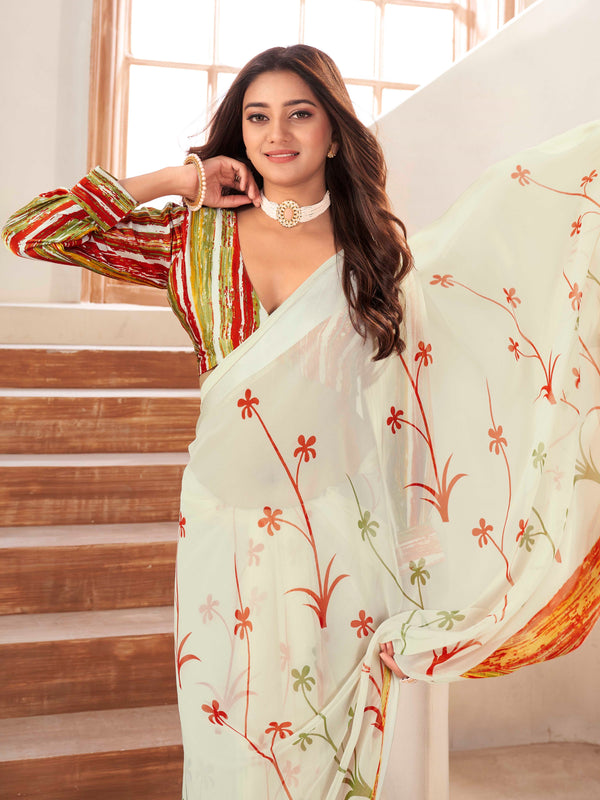 White Block Printed Border Silk Saree