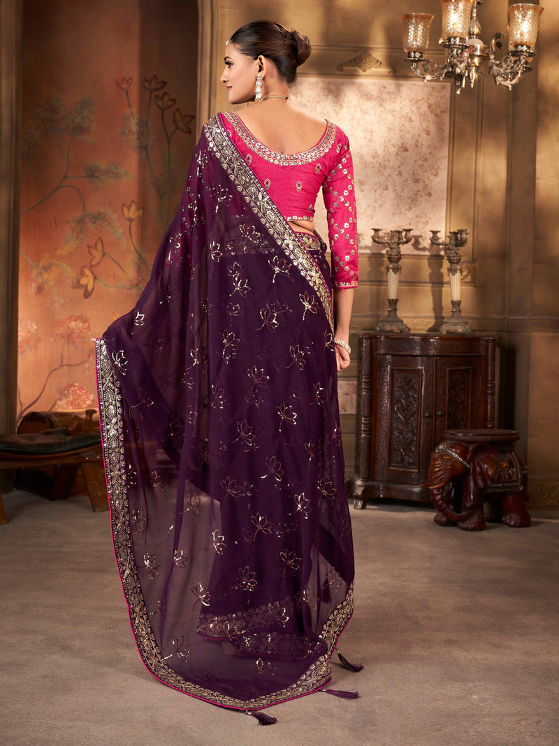 Purple Print Heavy Work Pure Georgette Saree