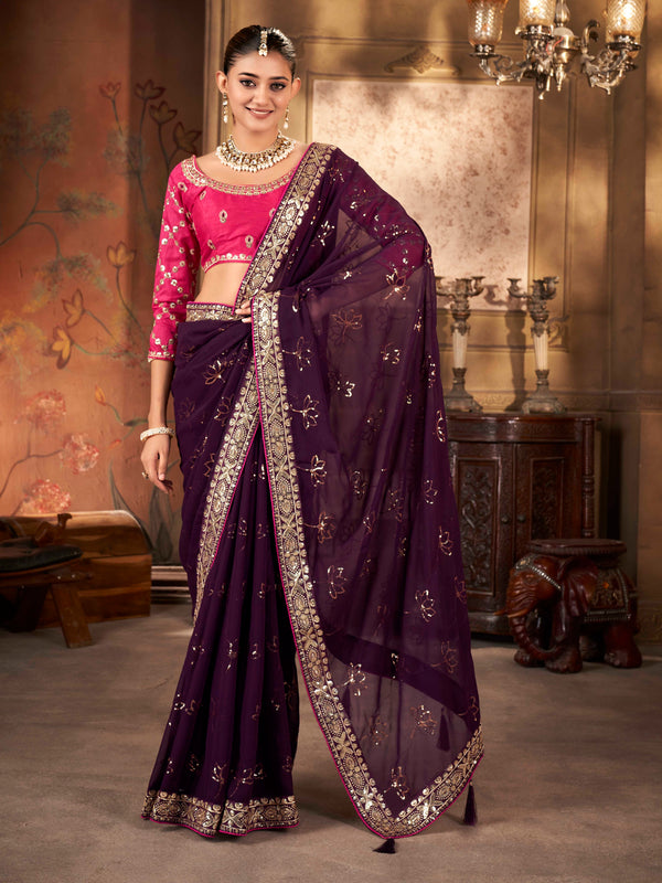 Purple Print Heavy Work Pure Georgette Saree