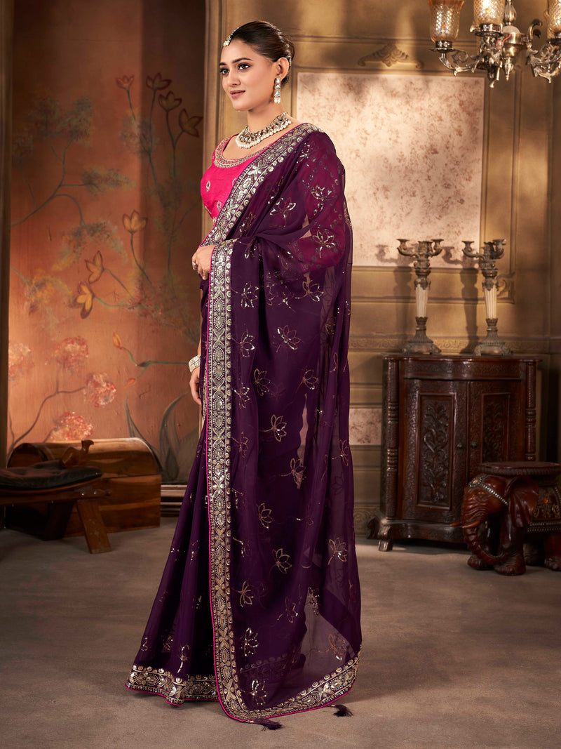 Purple Print Heavy Work Pure Georgette Saree