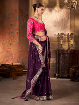 Purple Print Heavy Work Pure Georgette Saree