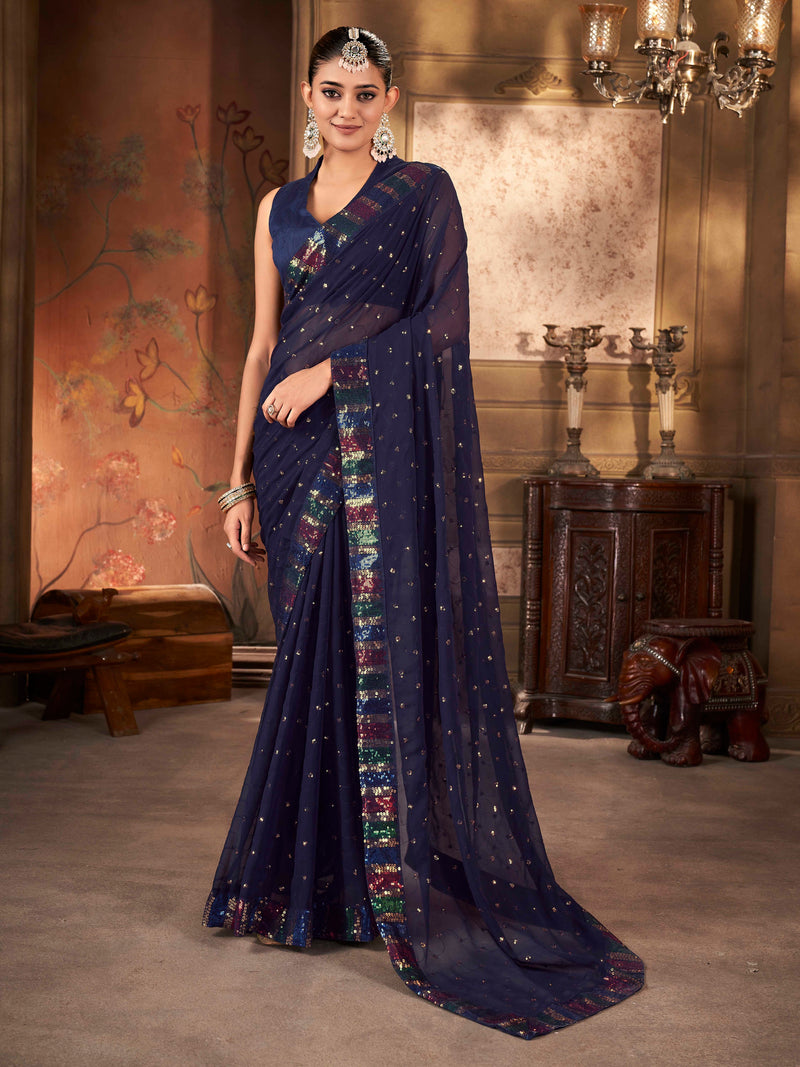 Royal Blue Colored Solid Sequence Saree