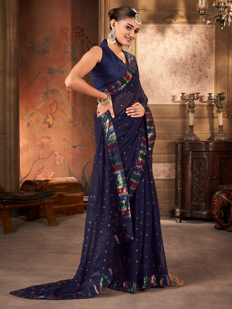 Royal Blue Colored Solid Sequence Saree