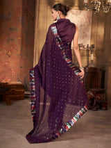 Grape Purple Colored Solid Sequence Saree