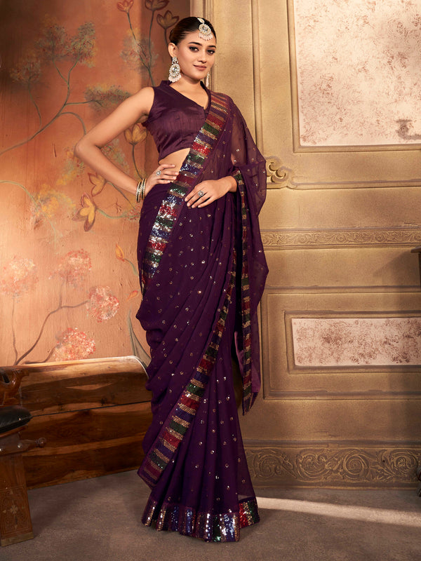 Grape Purple Colored Solid Sequence Saree