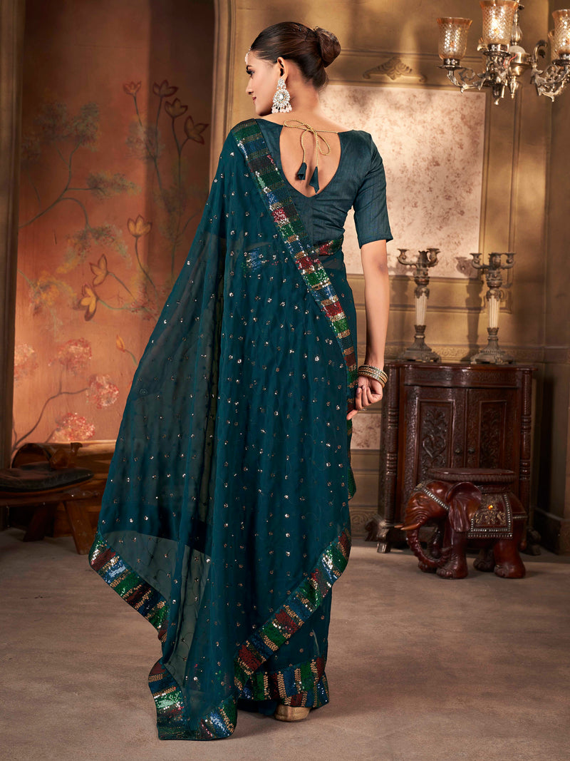 Teal Blue Colored Solid Sequence Saree