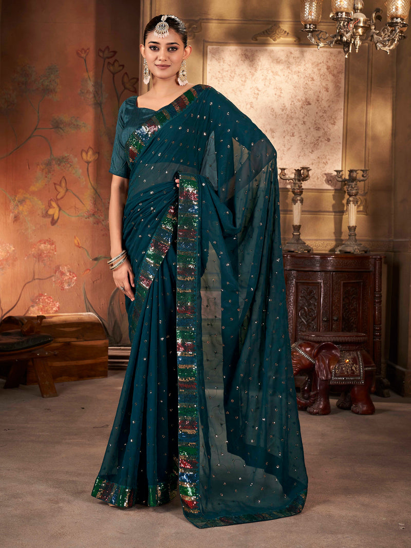 Teal Blue Colored Solid Sequence Saree