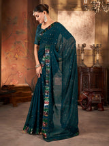 Teal Blue Colored Solid Sequence Saree