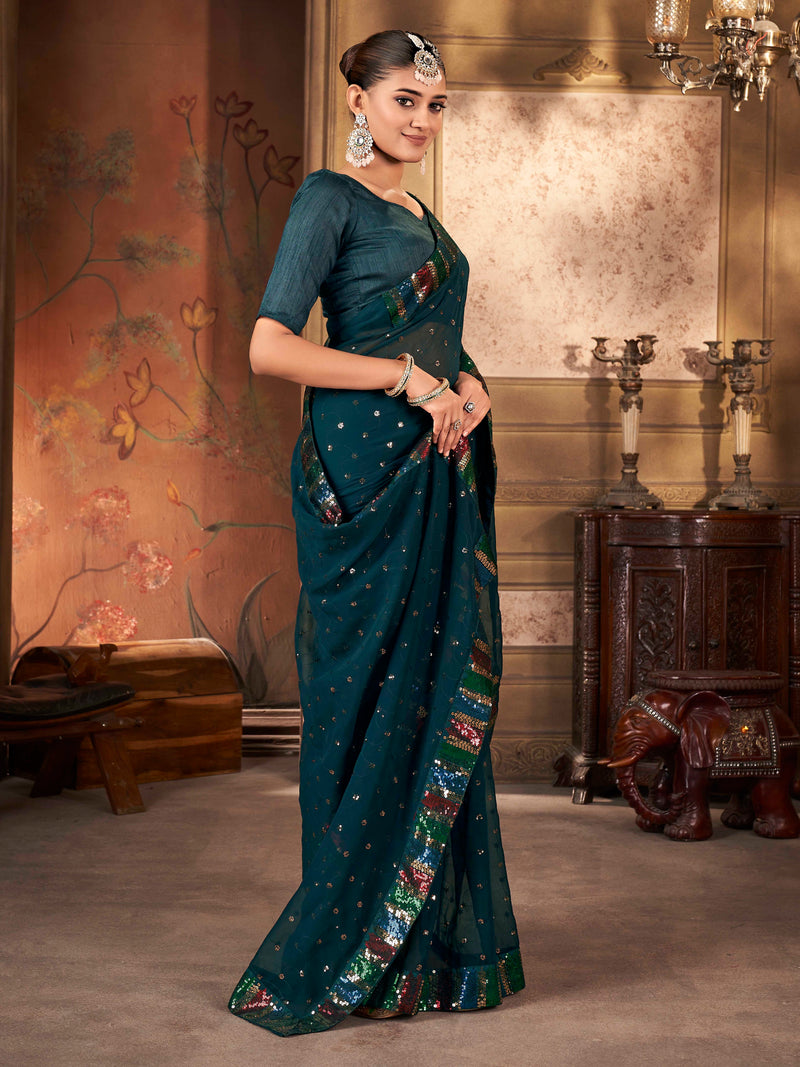 Teal Blue Colored Solid Sequence Saree