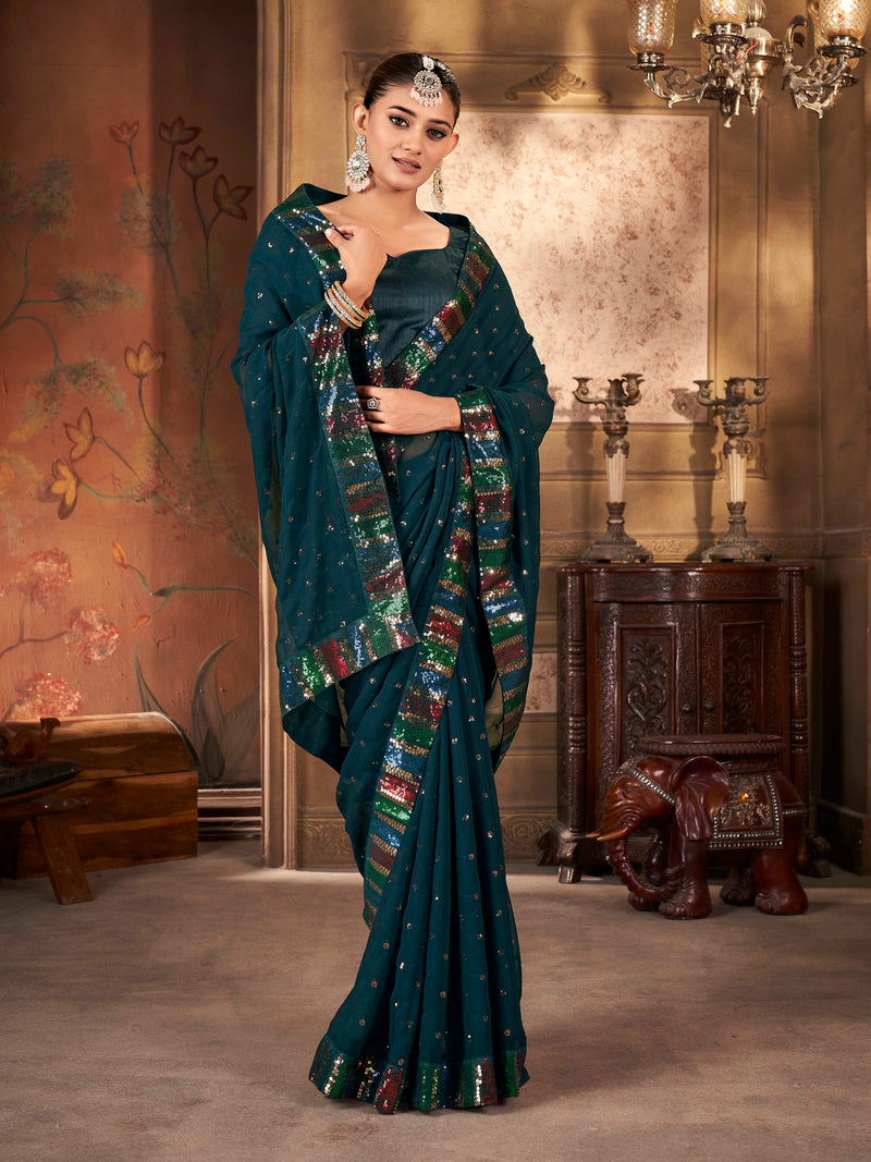 Teal Blue Colored Solid Sequence Saree