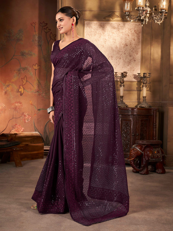 Rich Purple Solid Print Pure Georgette Saree