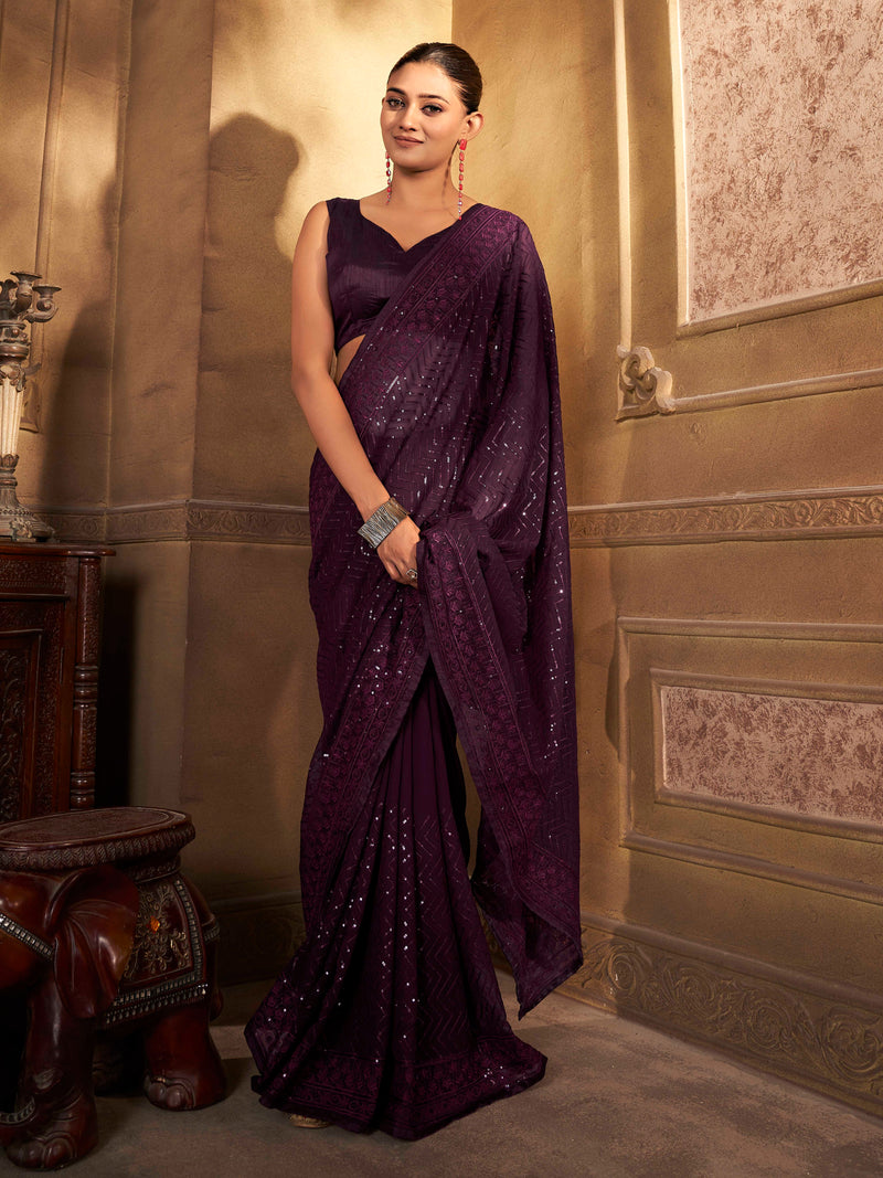 Rich Purple Solid Print Pure Georgette Saree