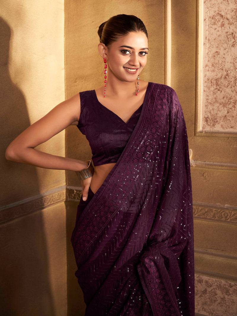 Rich Purple Solid Print Pure Georgette Saree