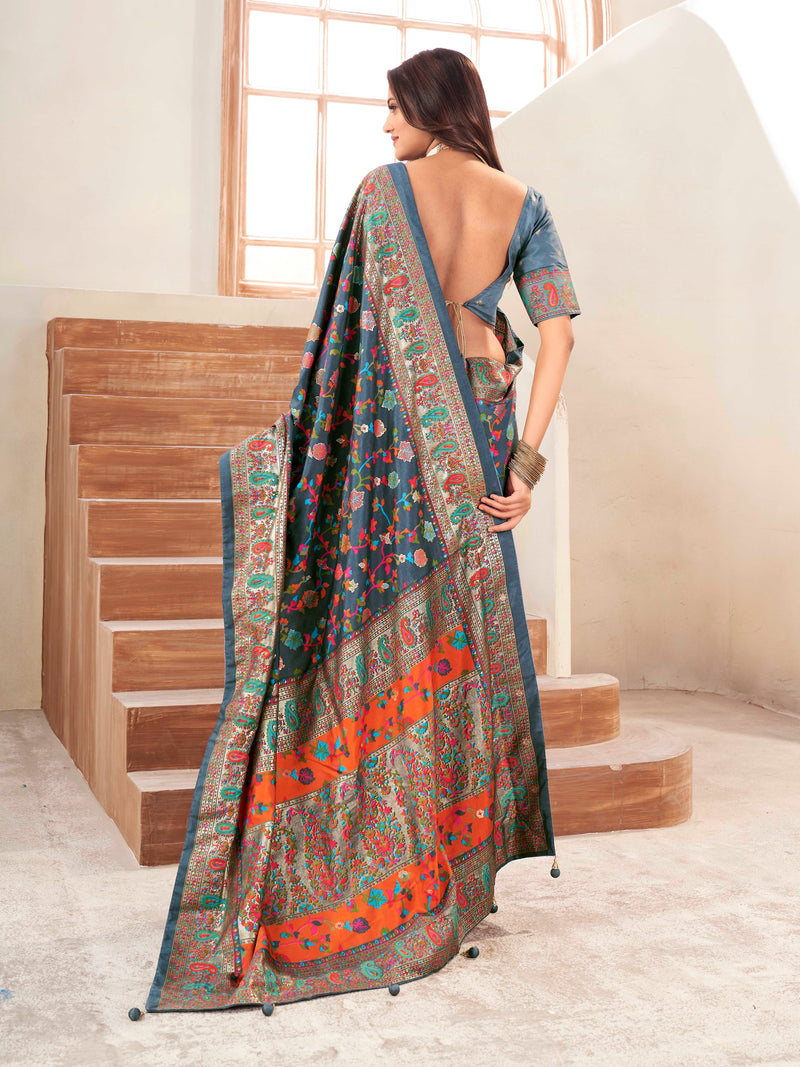 Grey & Orange Silk Blend Saree