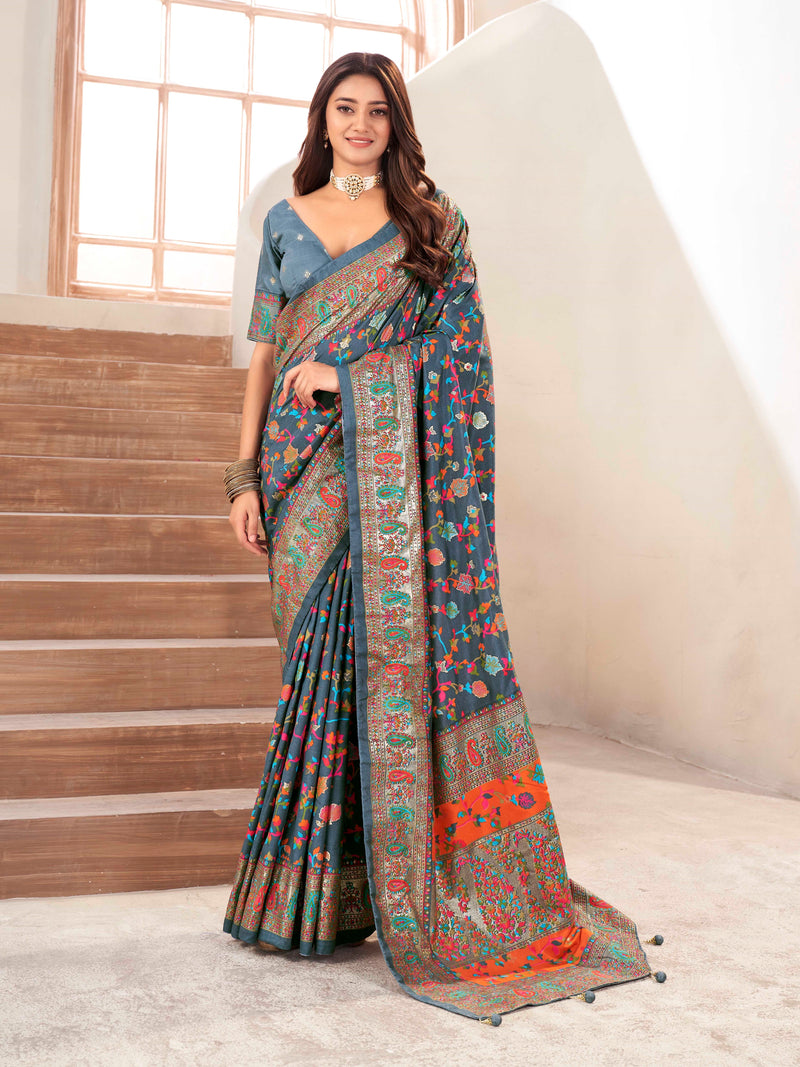 Grey & Orange Silk Blend Saree