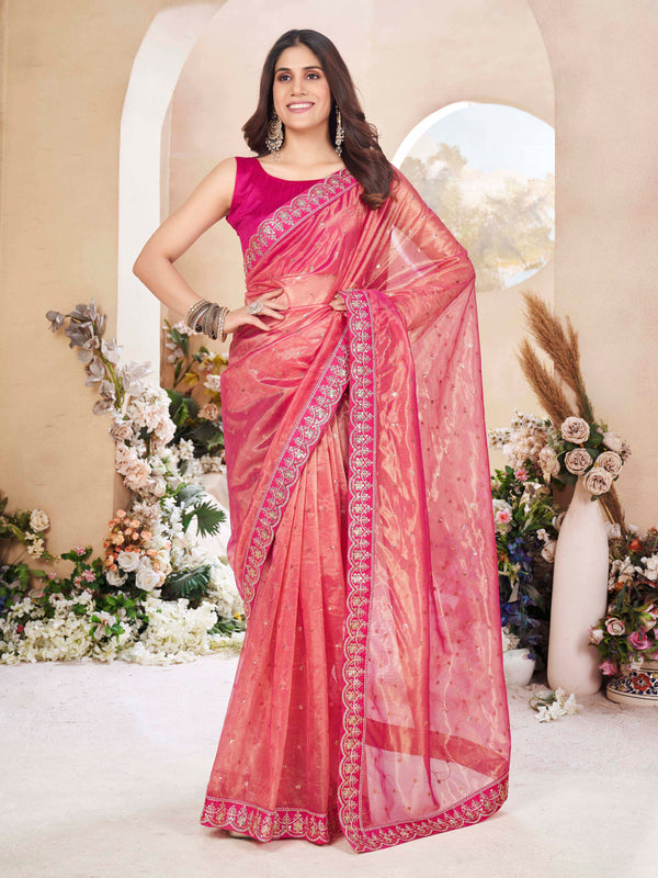 Pink Net Saree With Embroidered Border