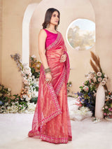 Pink Net Saree With Embroidered Border