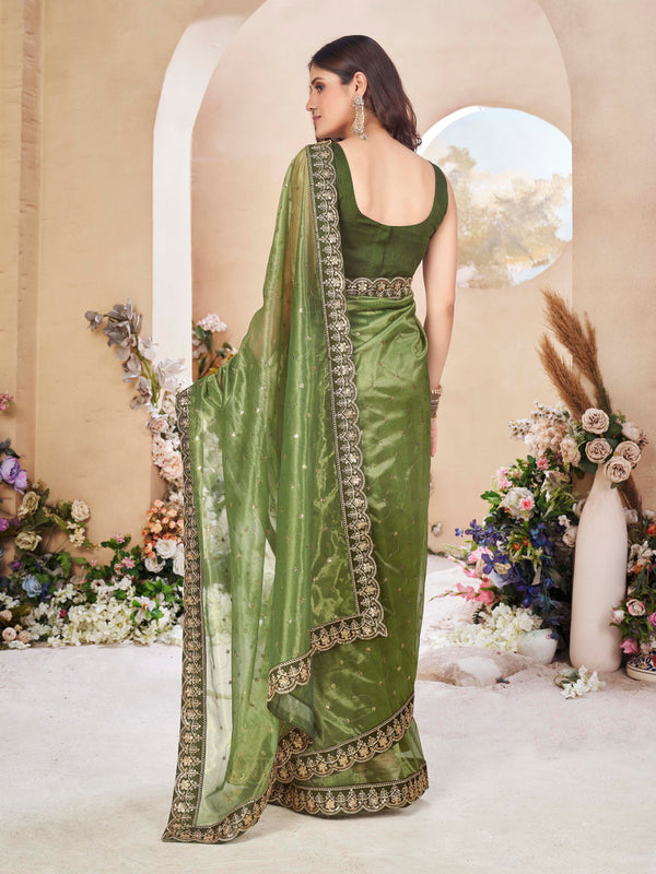 Olive Net Saree With Embroidered Border