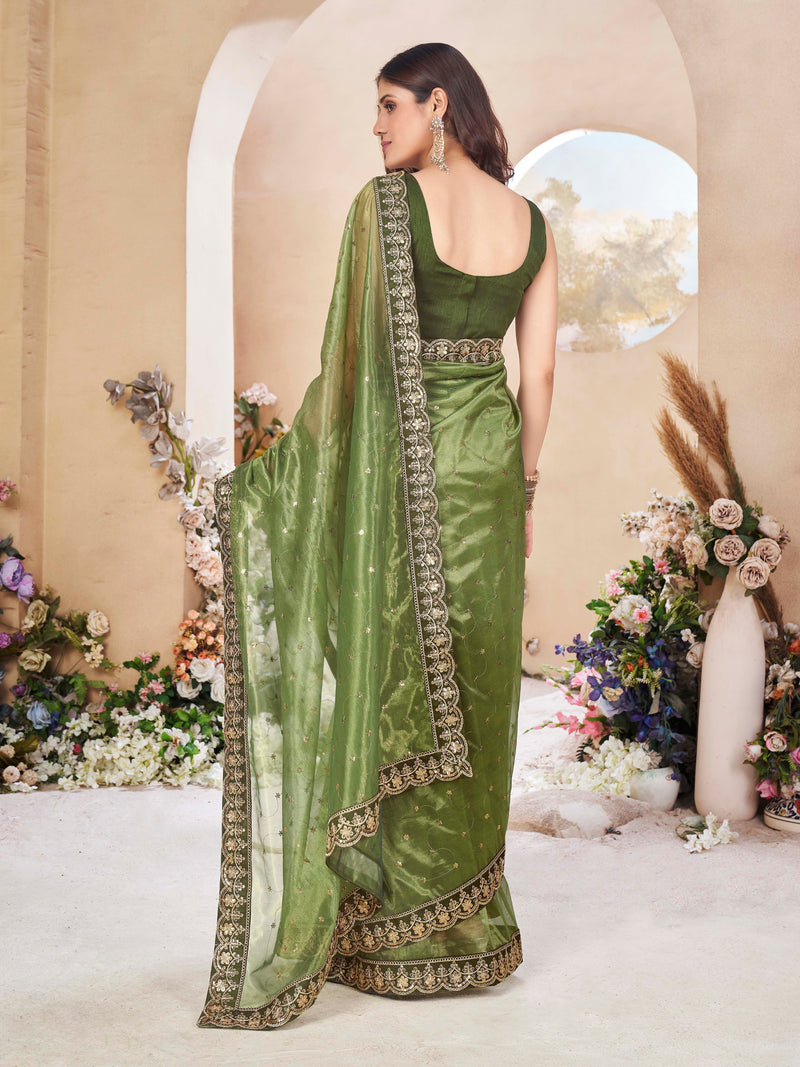 Olive Net Saree With Embroidered Border