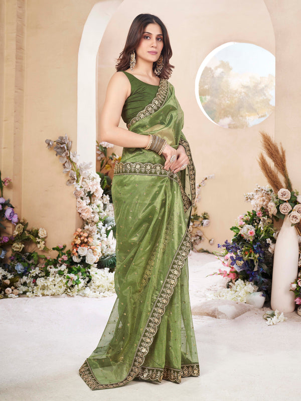 Olive Net Saree With Embroidered Border