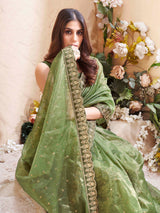 Olive Net Saree With Embroidered Border