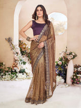 Brown Net Saree With Embroidered Border