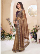 Brown Net Saree With Embroidered Border