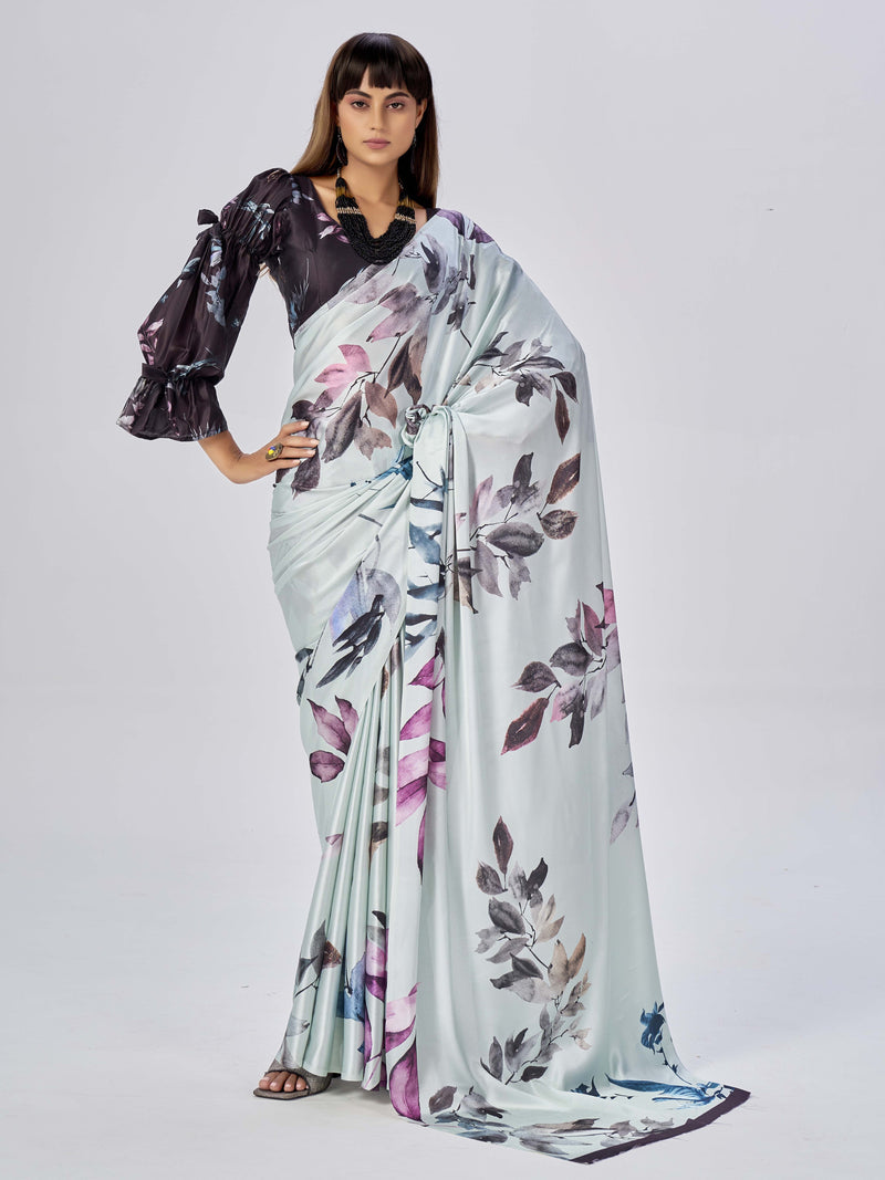 Off White Satin Based Floral Printed Saree