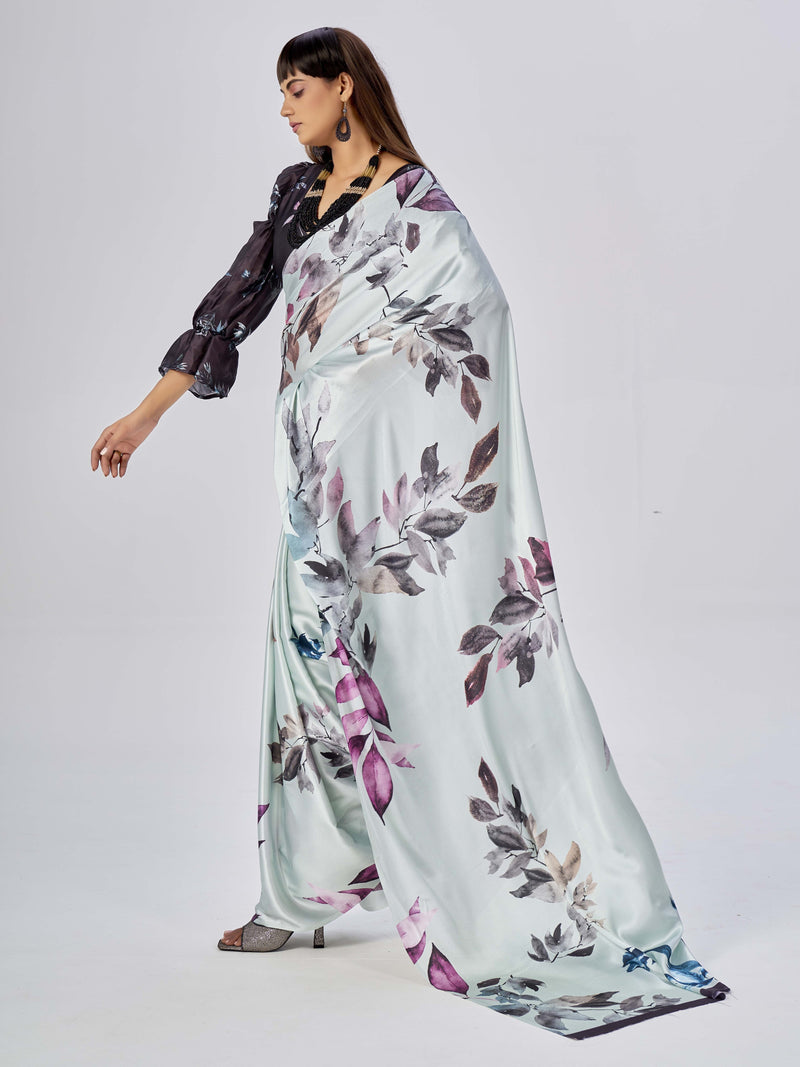 Off White Satin Based Floral Printed Saree