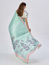 Sea Green Satin Based Floral Printed Saree