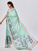 Sea Green Satin Based Floral Printed Saree