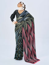 Fancy Black & Multi Satin Digital Saree