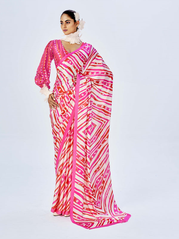 Pink & White Satin Saree