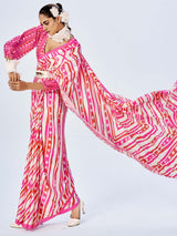 Pink & White Satin Saree