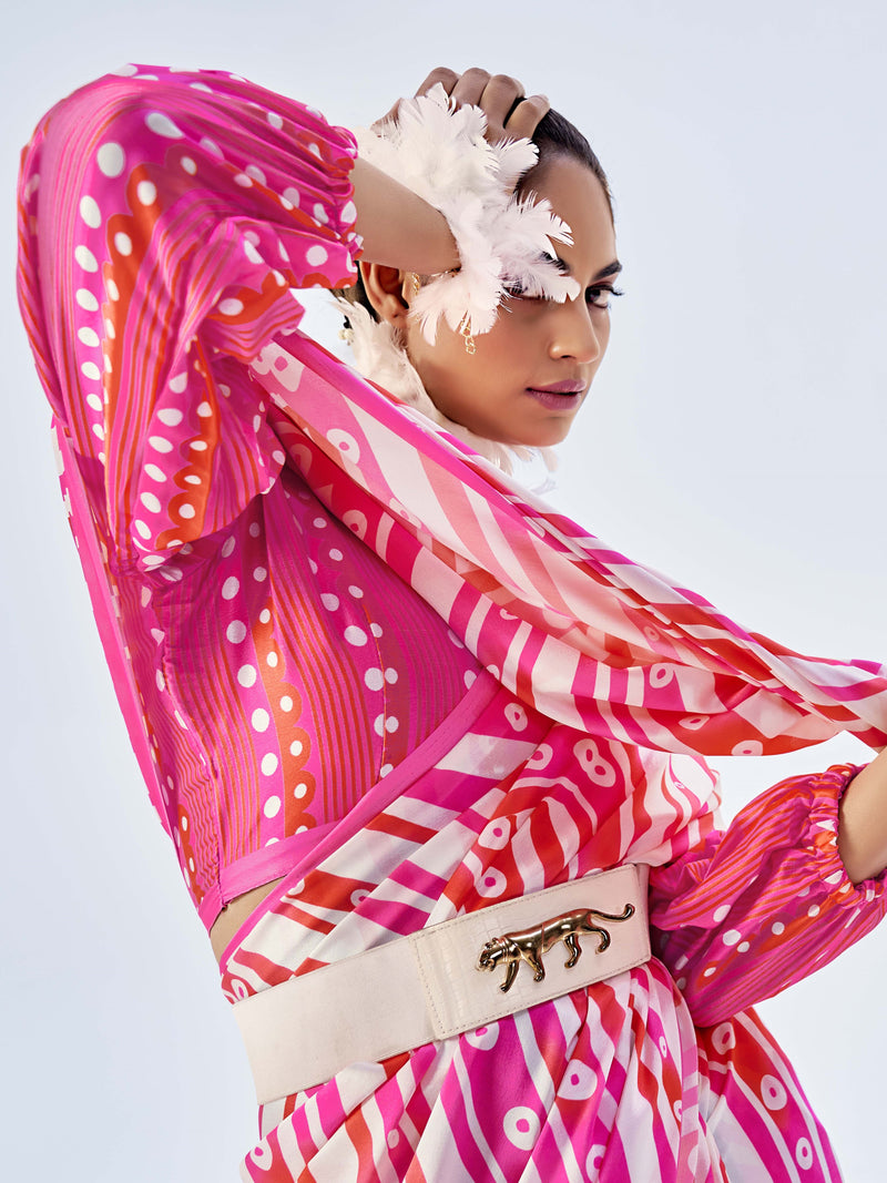 Pink & White Satin Saree